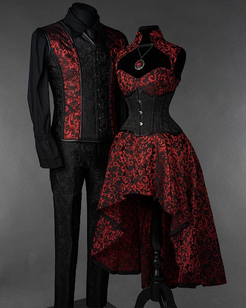 Black and red brocade gothic couple outfit DraculaClothing Black and red brocade gothic couple outfit DraculaClothing