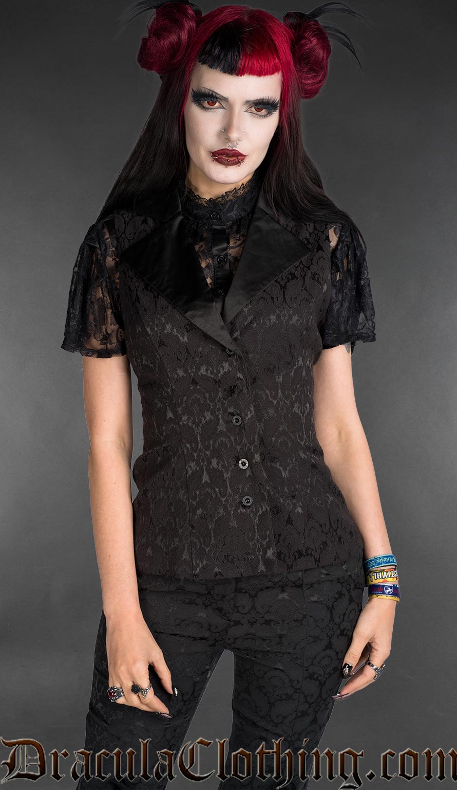 CHEMICAL LACE VEST WITH BLOUSE ブラック Black Brocade Ladies Vest – DraculaClothing