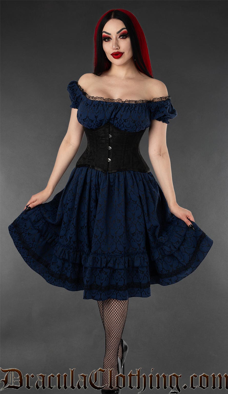 blue gothic dress Qleicom Women Dress, Sleeveless Halter Neck Vintage Goth Dresses with Peasant Bodice, Formal Halloween Punk Hippie Dresses, Black Lace Draped the end of which has been decorated with a beautiful black embroidery in the shape of leaves PRE-ORDER - NOSFERATU Ellen Victorian