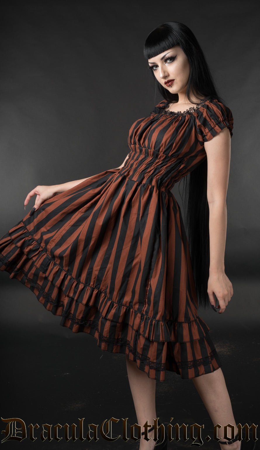 Brown Striped Gothabilly Dress DraculaClothing Brown Striped Gothabilly Dress DraculaClothing