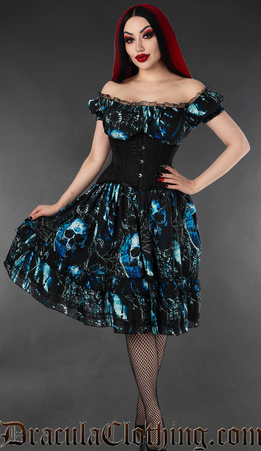 blue skull dress Blue Rose & Skull Gothic Skater Dress M