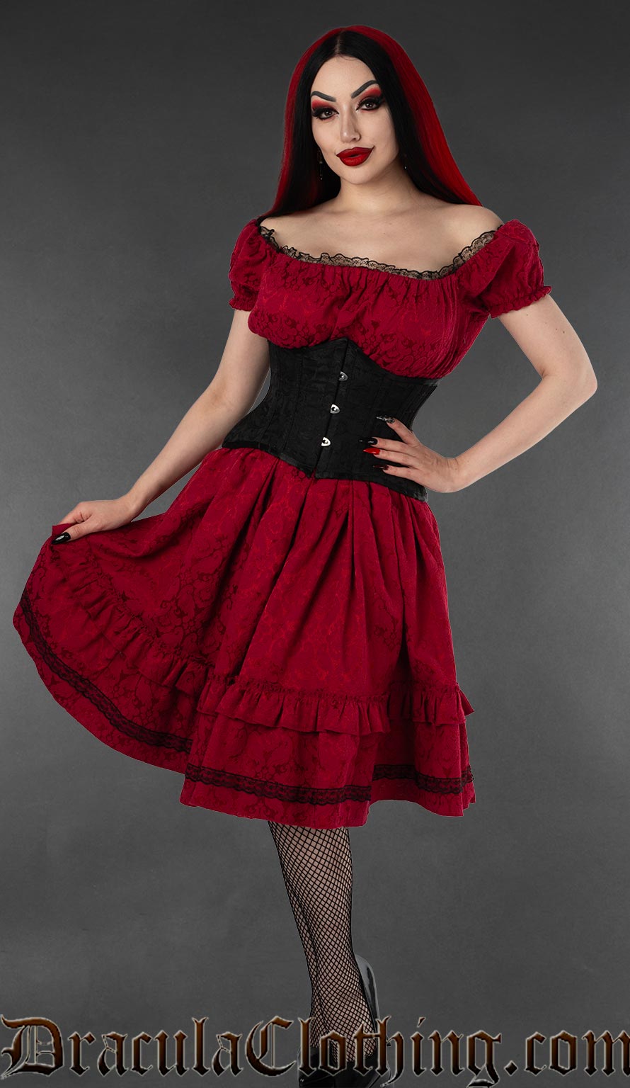 Red Brocade Gothabilly Dress DraculaClothing Red Brocade Gothabilly Dress DraculaClothing