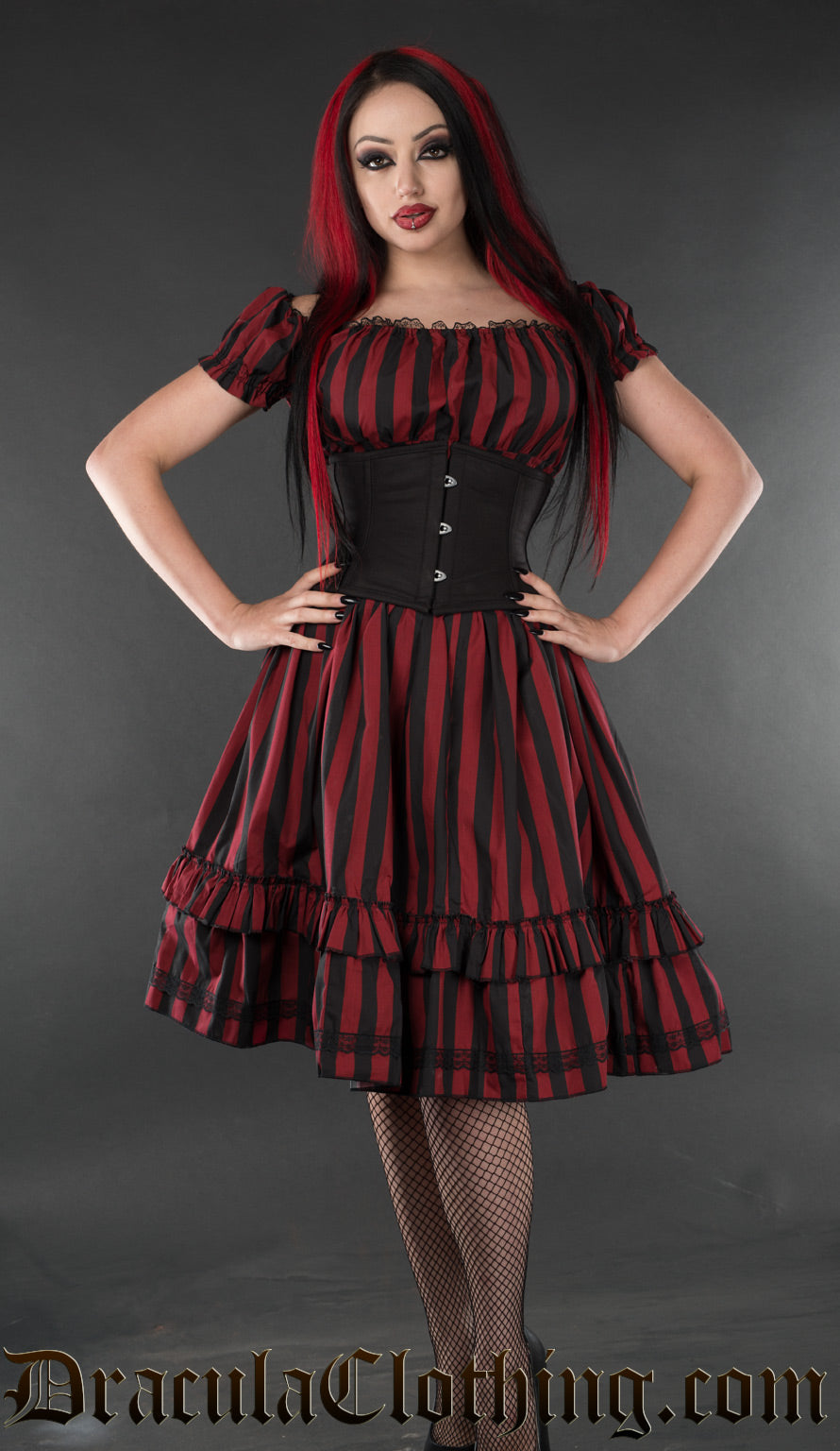 Red Striped Gothabilly Dress DraculaClothing Red Striped Gothabilly Dress DraculaClothing