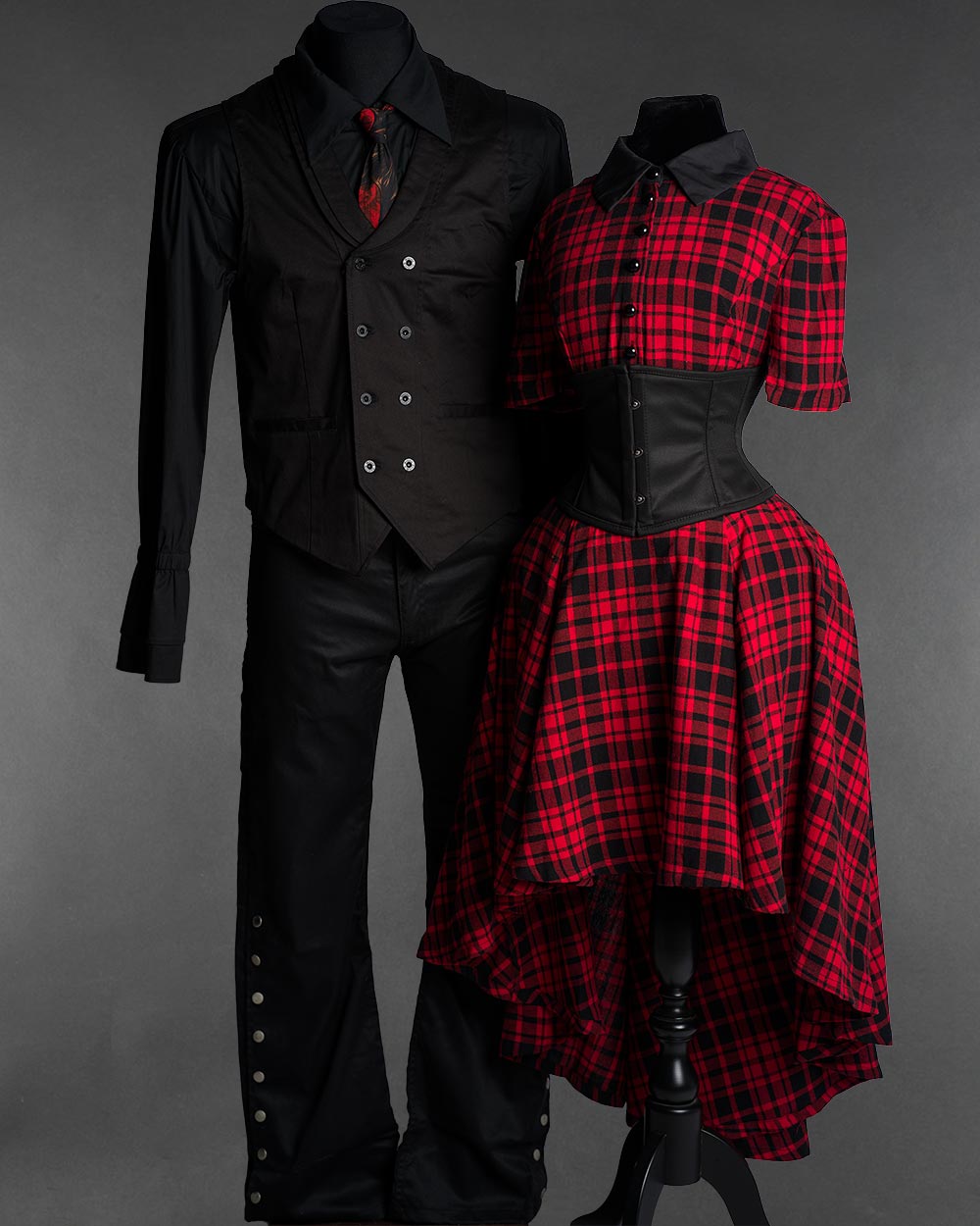 Gothic Couple Outfit Ideas: Red Plaid Dress & Victorian Black Menswear