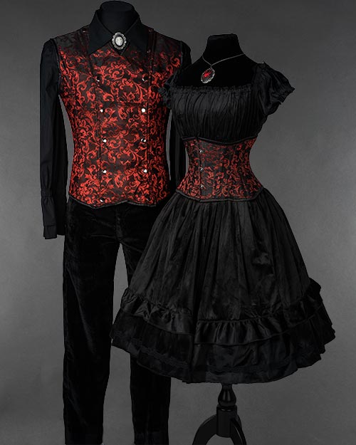 Black velvet and red brocade outfits