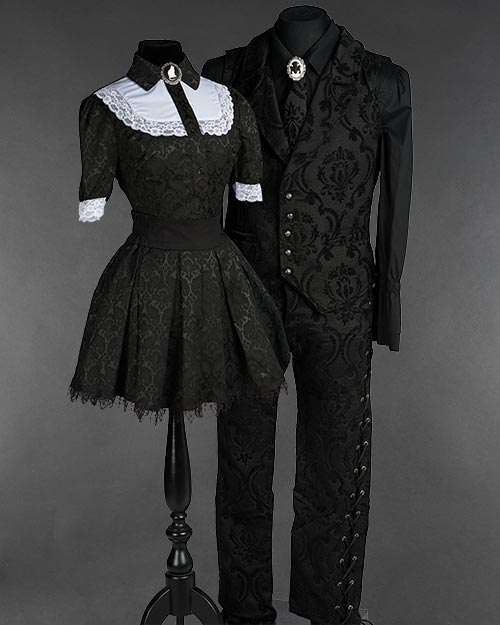 Elegant Gothic Fashion: Victorian-Inspired Lace Dress and Brocade Suit Set