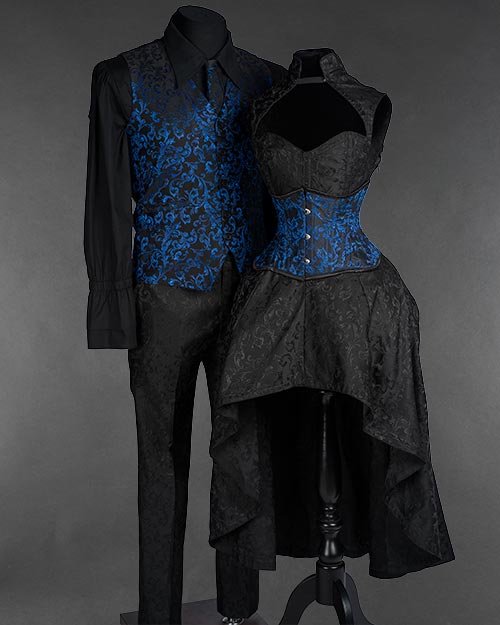 Victorian Gothic Clothing Blue Brocade Corset and Waistcoat