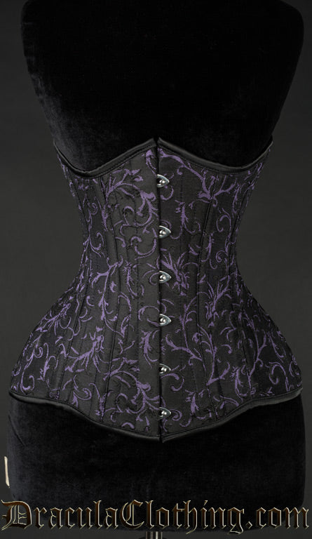 Women's underbust extreme waist corset made with black and purple woven brocade fabric