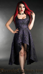 Women's black and purple brocade high low dress worn by model
