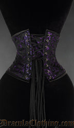 Back view of black and amethyst purple waist cincher showing adjustable corset lacing and matching modesty panel