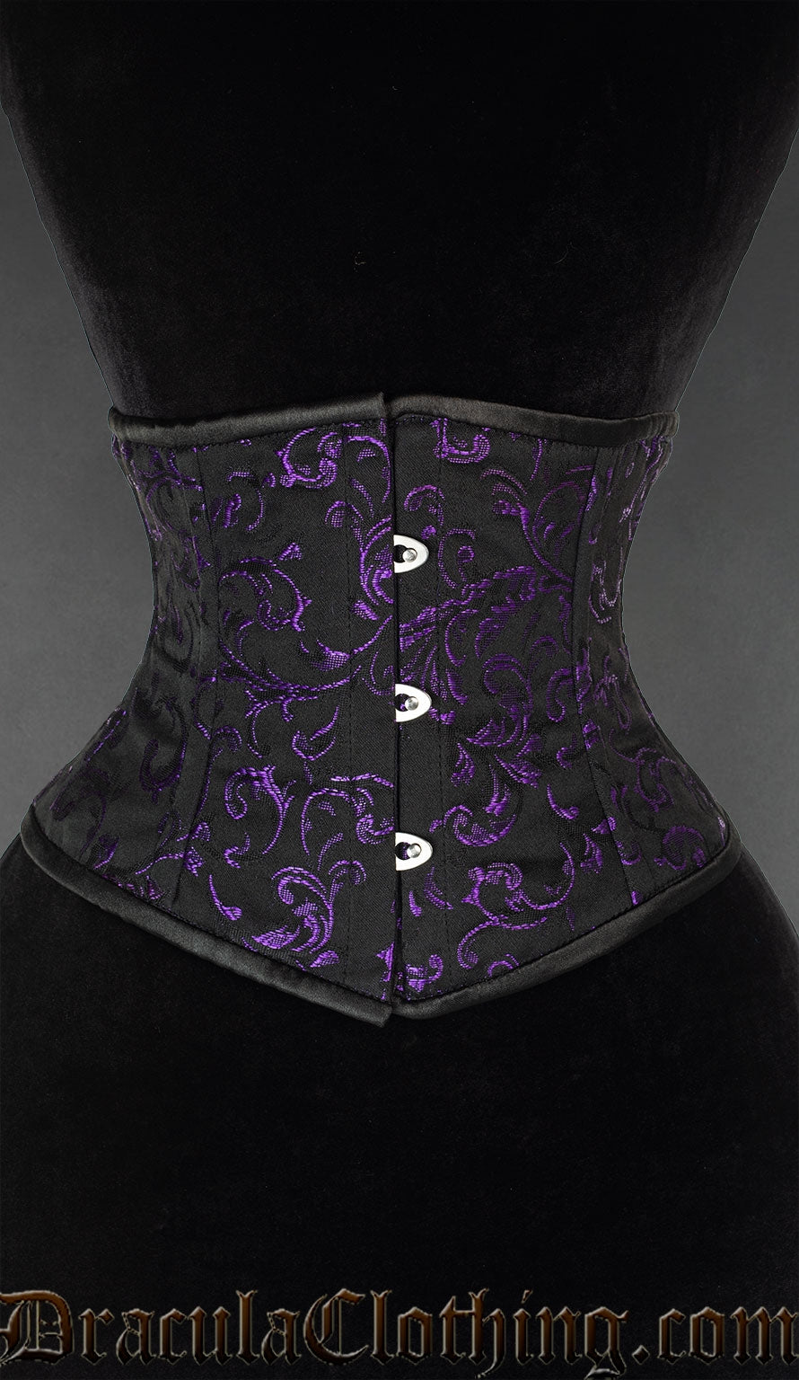 Black waist cincher with amethyst purple woven brocade details
