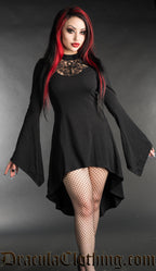Black cotton high low women's dress with flared trumpet sleeves and lace chest panel with ankh motif shown on model