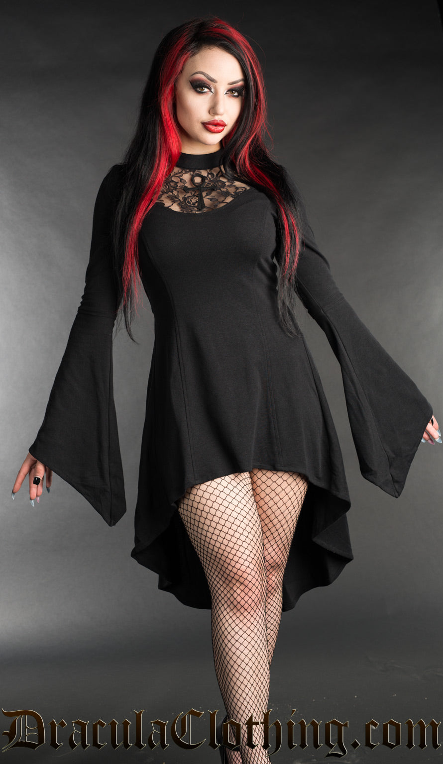 Black cotton high low women's dress with flared trumpet sleeves and lace chest panel with ankh motif shown on model