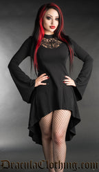 Women's black high low dress with lace chest panel and ankh motif and trumpet sleeves