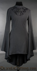High low women's black cotton dress with lace illusion panel and ankh motif and trumpet flared sleeves