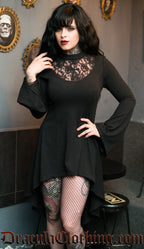 Women's black cotton dress in high low style with trumpet sleeves and lace illusion chest panel with ankh