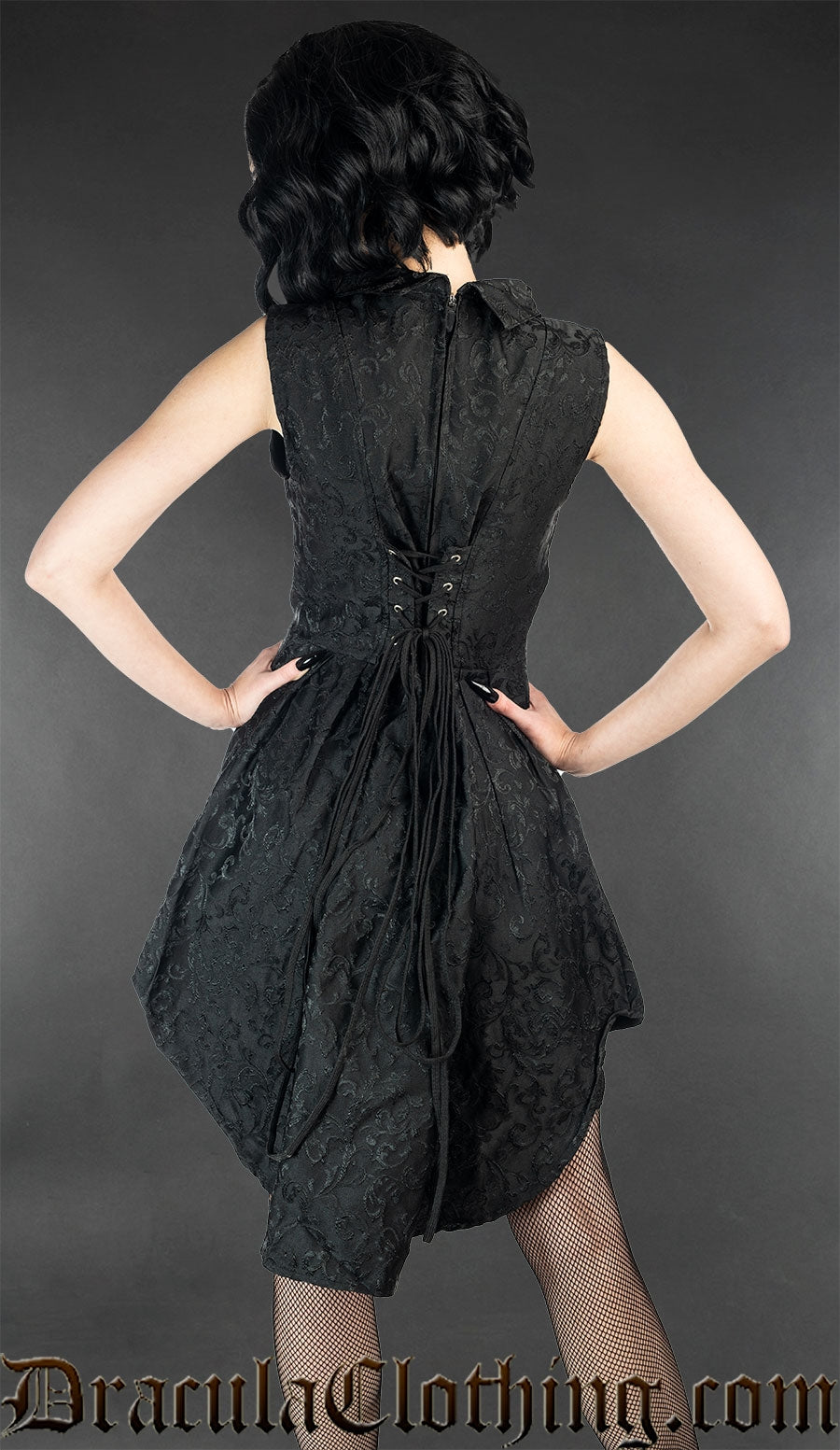 Back view of women's black brocade sleeveless high low dress showing adjustable corset style lacing in the back