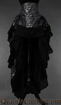 Women's printed grey and black bustle skirt with top hat wearing skull design and black lining with black cotton hem