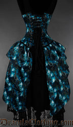 Back view of a multicoloured corset with an underwater city print and layered bustle attachment showing adjustable corset lacing and matching modesty panel back view