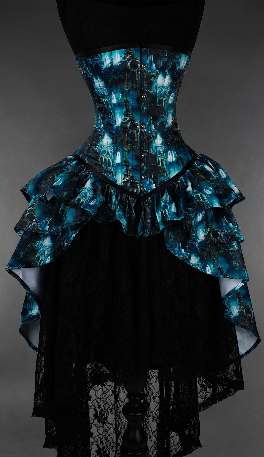 Black and blue multicoloured corset with bustle layer attachment featuring an underwater city of atlantis print 