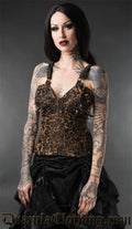 Model wearing brown brocade vest top with spiked bust cups