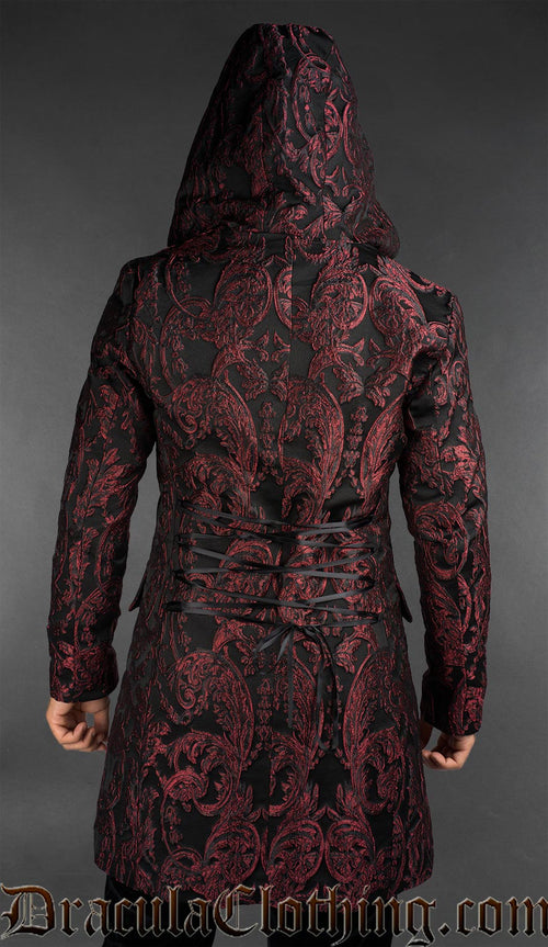 back view of hooded Victorian gothic dobby jacket with red baroque pattern styled as formal alternative menswear