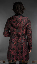 Back view of Victorian gothic dobby jacket with red baroque pattern styled as formal alternative menswear