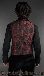 Back view of Victorian gothic dobby jacket with red baroque pattern styled as formal alternative menswear