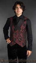 Victorian gothic dobby jacket with red baroque pattern styled as formal alternative menswear