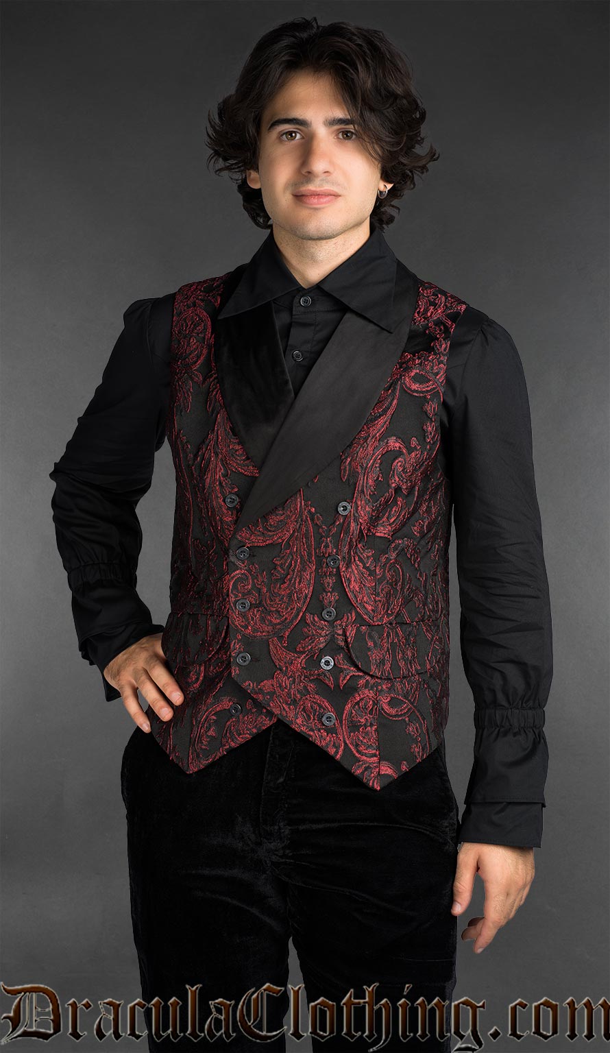Victorian gothic dobby jacket with red baroque pattern styled as formal alternative menswear
