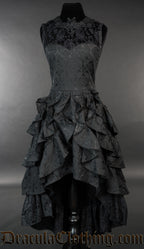 Black brocade women's high low dress with ruffled layered skirt sheer lace illusion chest panel and bat shaped collar