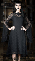 Model wearing women's black dress with sheer lace trumpet sleeves and bat shaped collar
