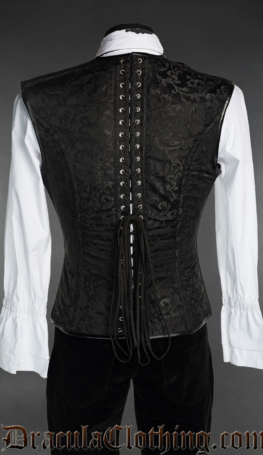 Back view of men's black and blue brocade corset vest showing adjustable lacing 
