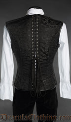 Back view of men's black and blue brocade corset vest showing adjustable lacing 