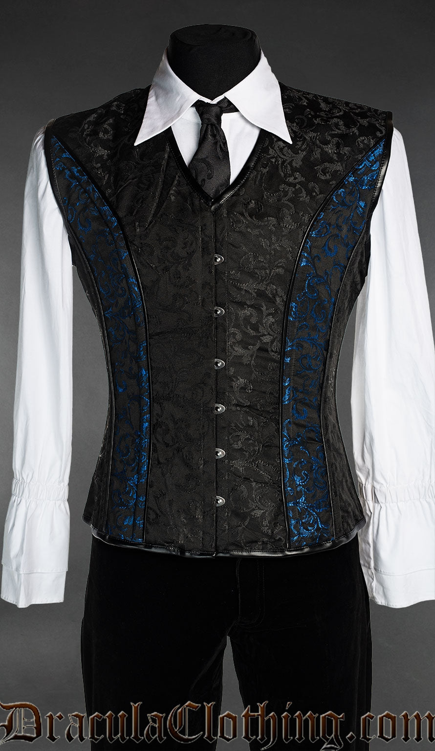 Men's corset vest in black brocade fabric with blue brocade panel strips on each side 