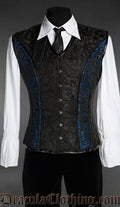 Men's corset vest in black brocade fabric with blue brocade panel strips on each side 