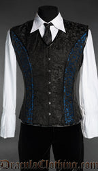 Men's corset vest in black brocade fabric with blue brocade panel strips on each side 