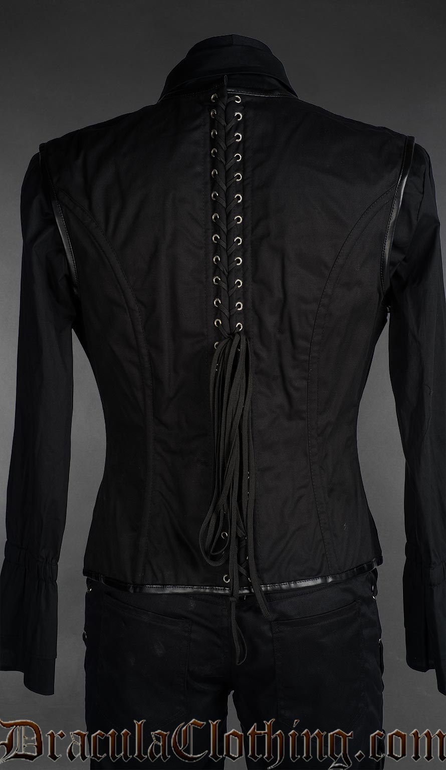 Back view of Black and grey cotton corset vest with curved paneling and front button closure, gothic Victorian fashion