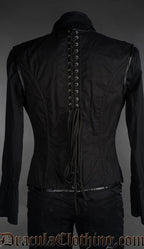 Back view of Black and grey cotton corset vest with curved paneling and front button closure, gothic Victorian fashion