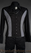 Black and grey cotton corset vest with curved paneling and front button closure, gothic Victorian fashion