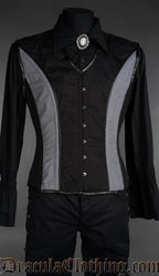 Black and grey cotton corset vest with curved paneling and front button closure, gothic Victorian fashion