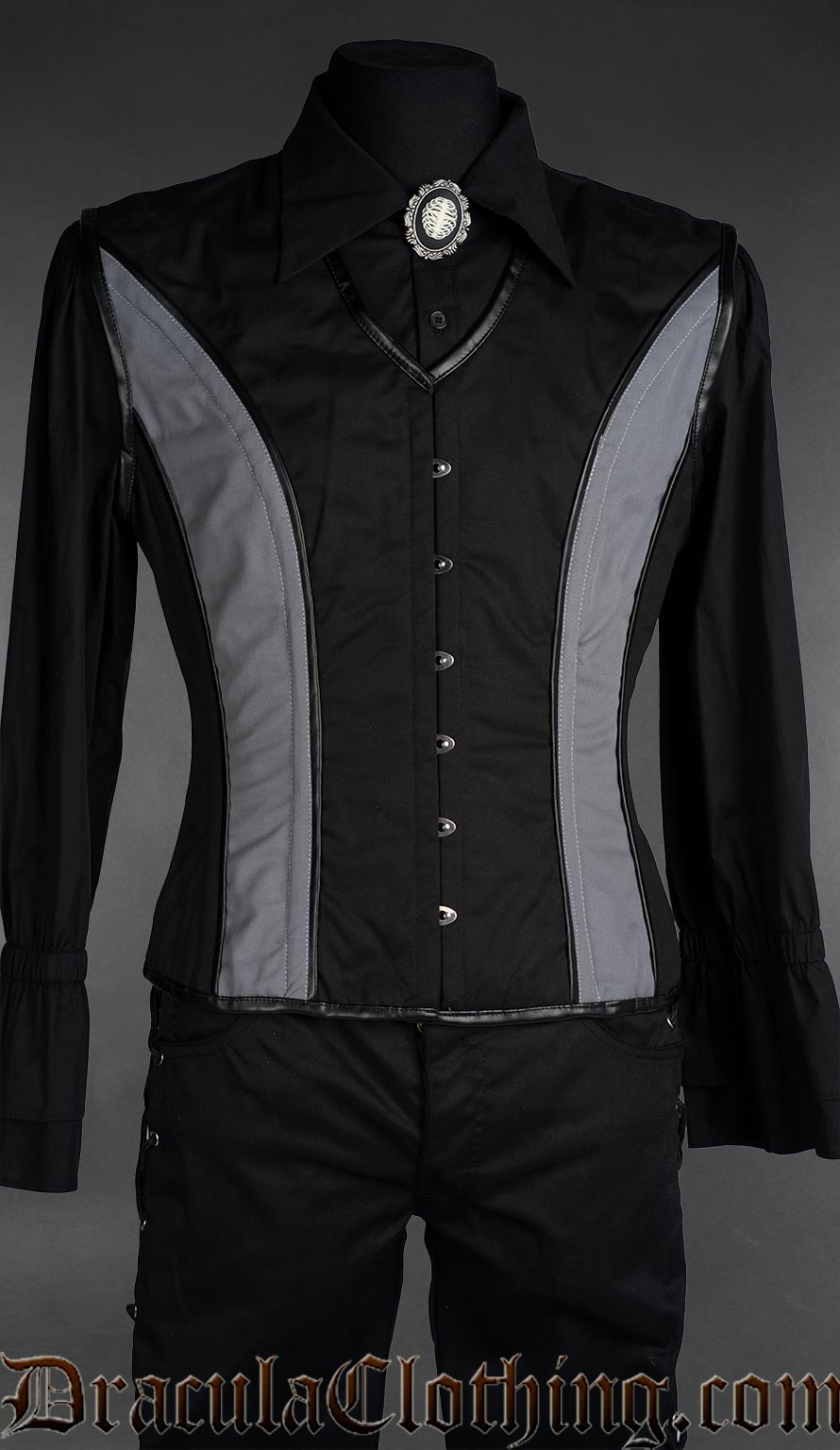 Black and grey cotton corset vest with curved paneling and front button closure, gothic Victorian fashion