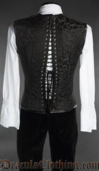 Back view of men's black and purple brocade corset vest showing adjustable lacing in the back