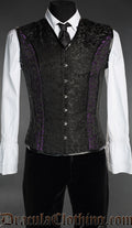 Men's corset vest made from black brocade fabric and purple brocade panel strips on each side