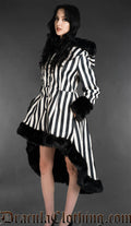 Black And White Striped High Low Winter Coat With Hood