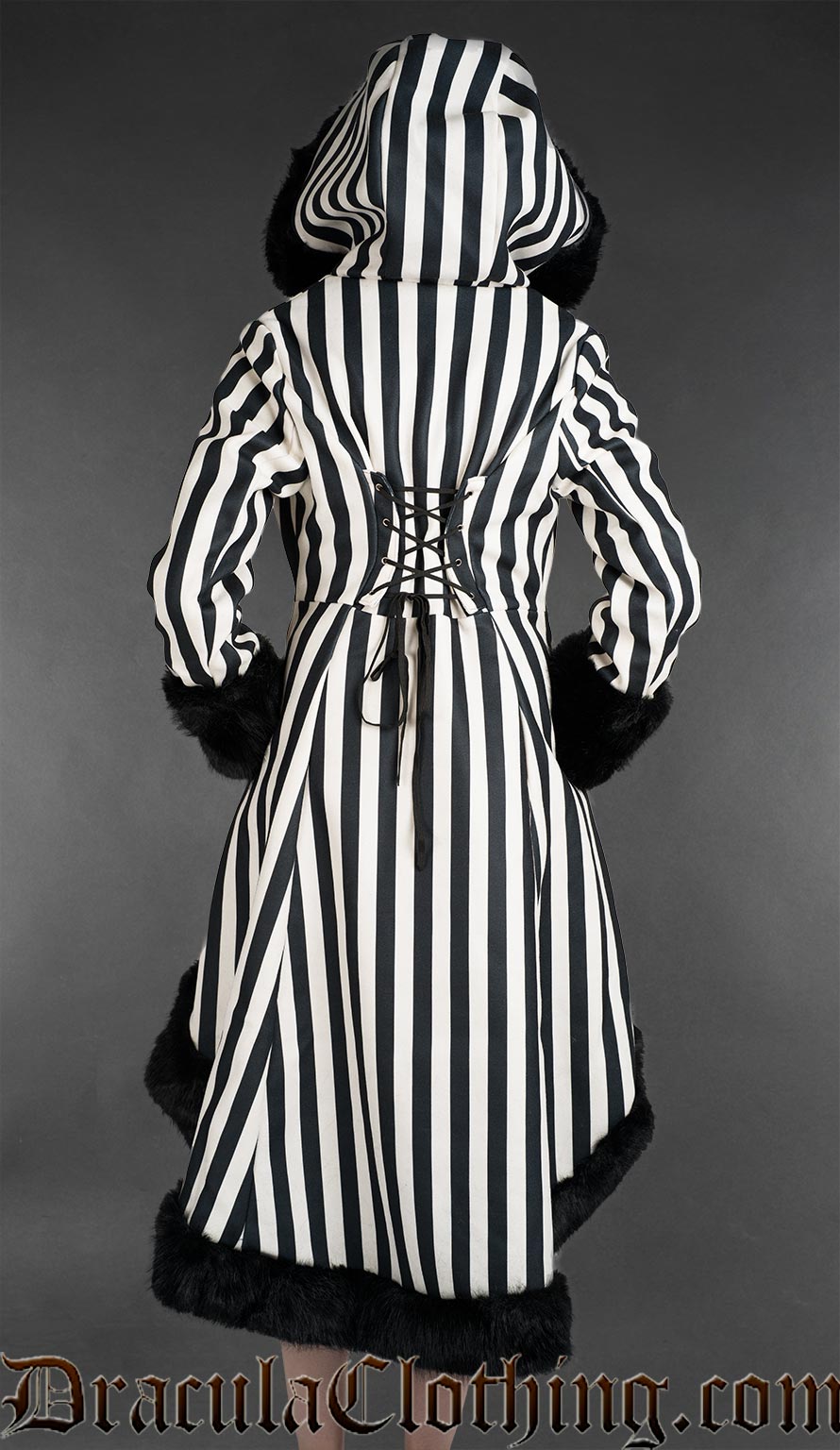 Black And White Striped High Low Winter Coat With Hood