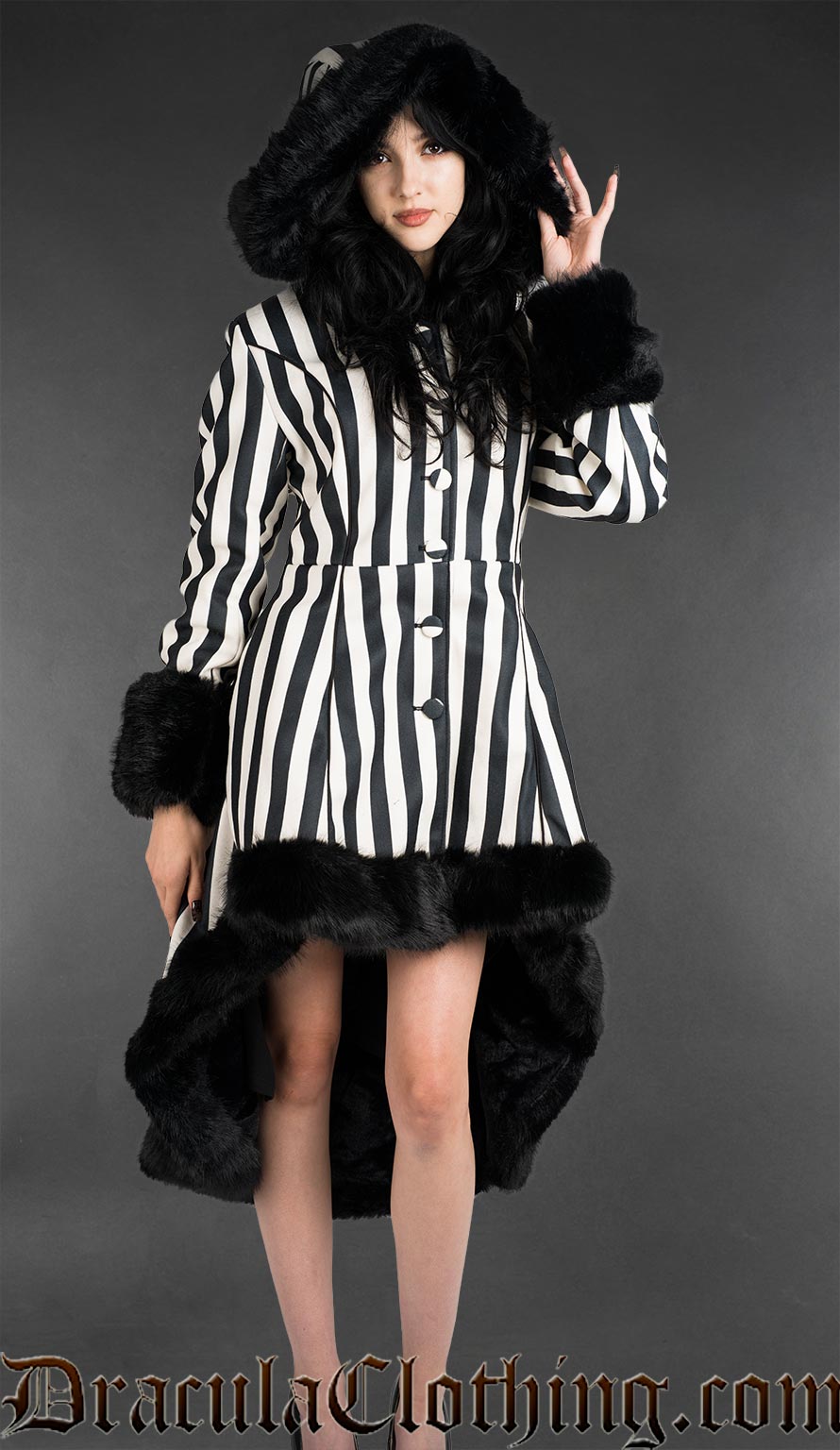 Black And White Striped High Low Winter Coat With Hood