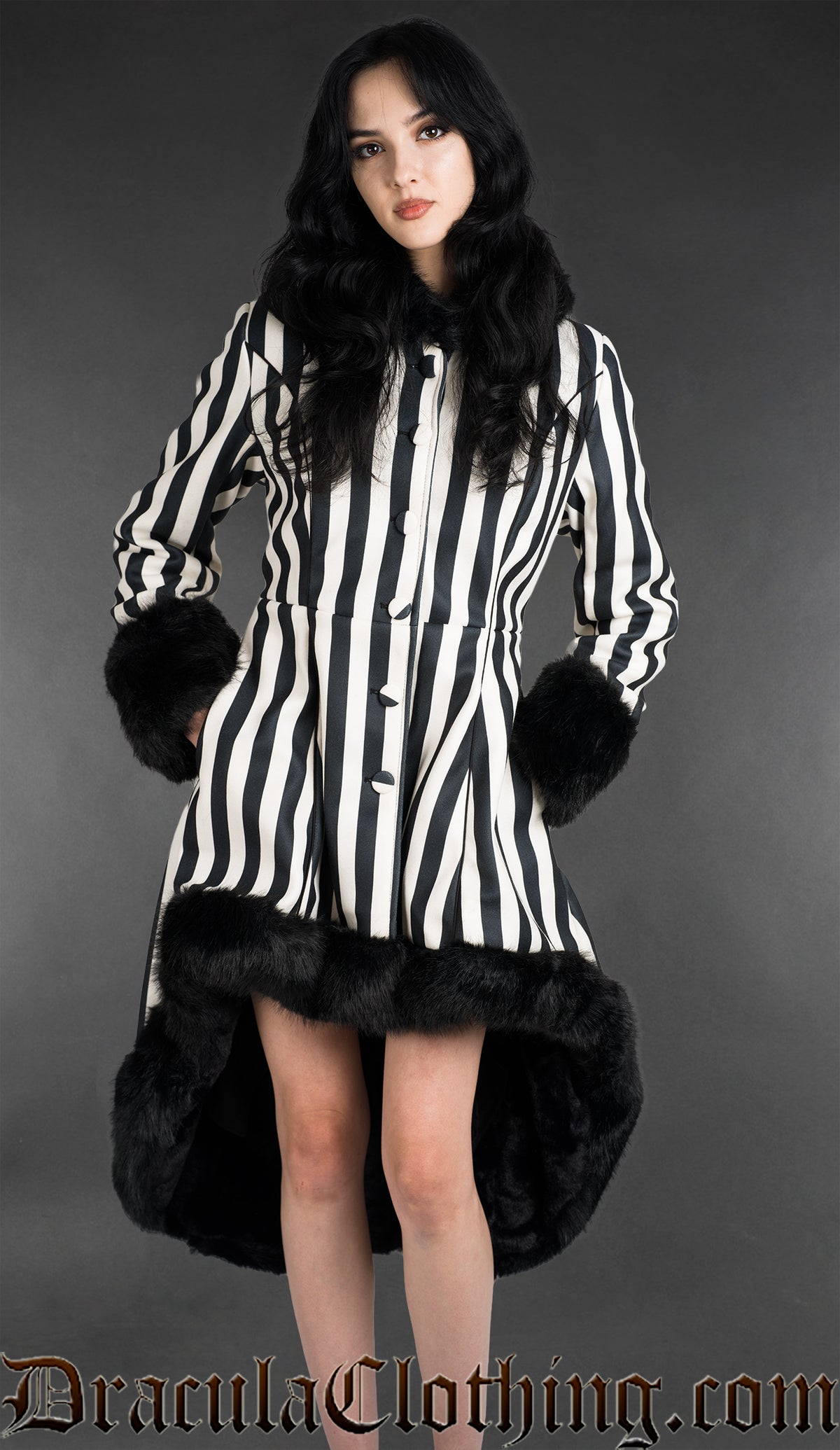 Black And White Striped High Low Winter Coat