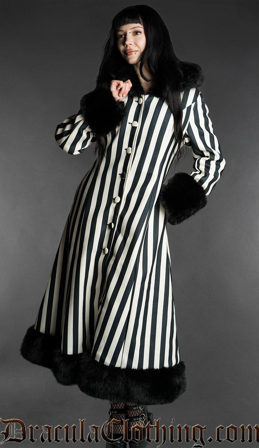 Black And White Striped Winter Coat With Hood