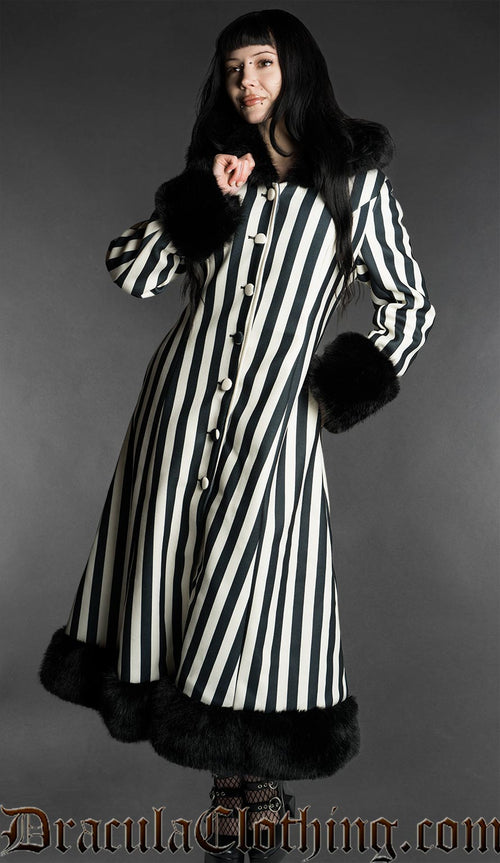 Black And White Striped Winter Coat With Hood